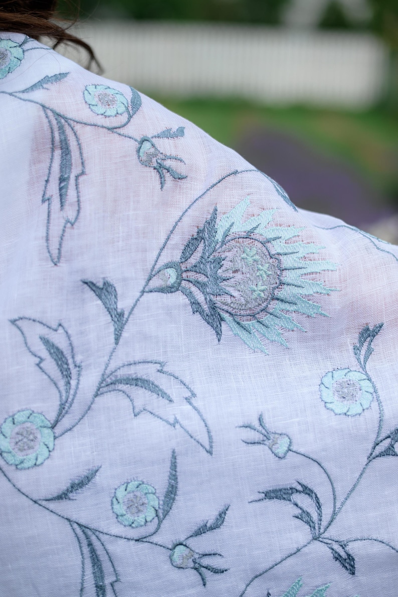 White Linen Shawl with Thistle Floral Embroidery, Lightweight Handmade Scarf, Botanical Wrap, Folk Style Linen Scarf for Women