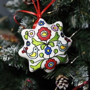 embroidered Christmas star ornament with folk floral pattern, Handmade tree decoration, Colorful bird ornament, Holiday gift idea