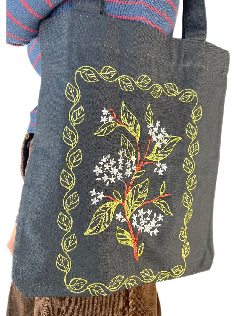 Cotton bag with blooming elderberry embroidery, Eco shopping bag, Beige tote bag, Cotton embroidery shoulder bag, Boho tote bag, Hippie bag imagen 10