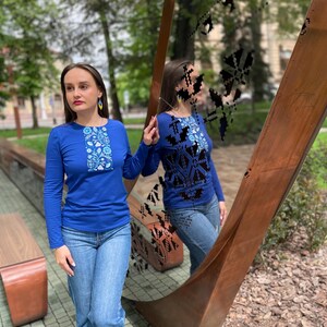 Blue long sleeve shirt with Ukrainian folk embroidery print, Floral slavic design top, Comfortable casual blouse with traditional motifs
