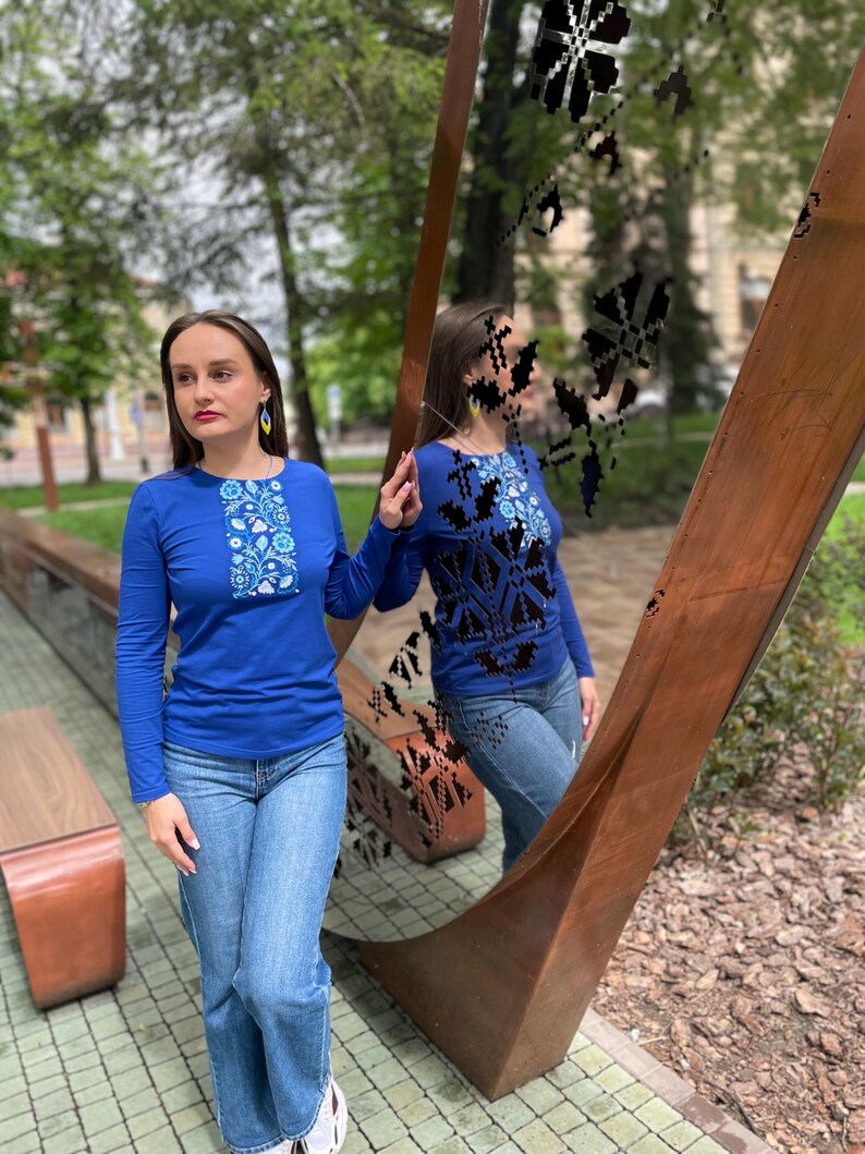 Blue long sleeve shirt with Ukrainian folk embroidery print, Floral slavic design top, Comfortable casual blouse with traditional motifs