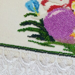 Hand Beaded Spring Basket Cover with Floral and Chick Design, Decorative Linen-Style Basket Liner