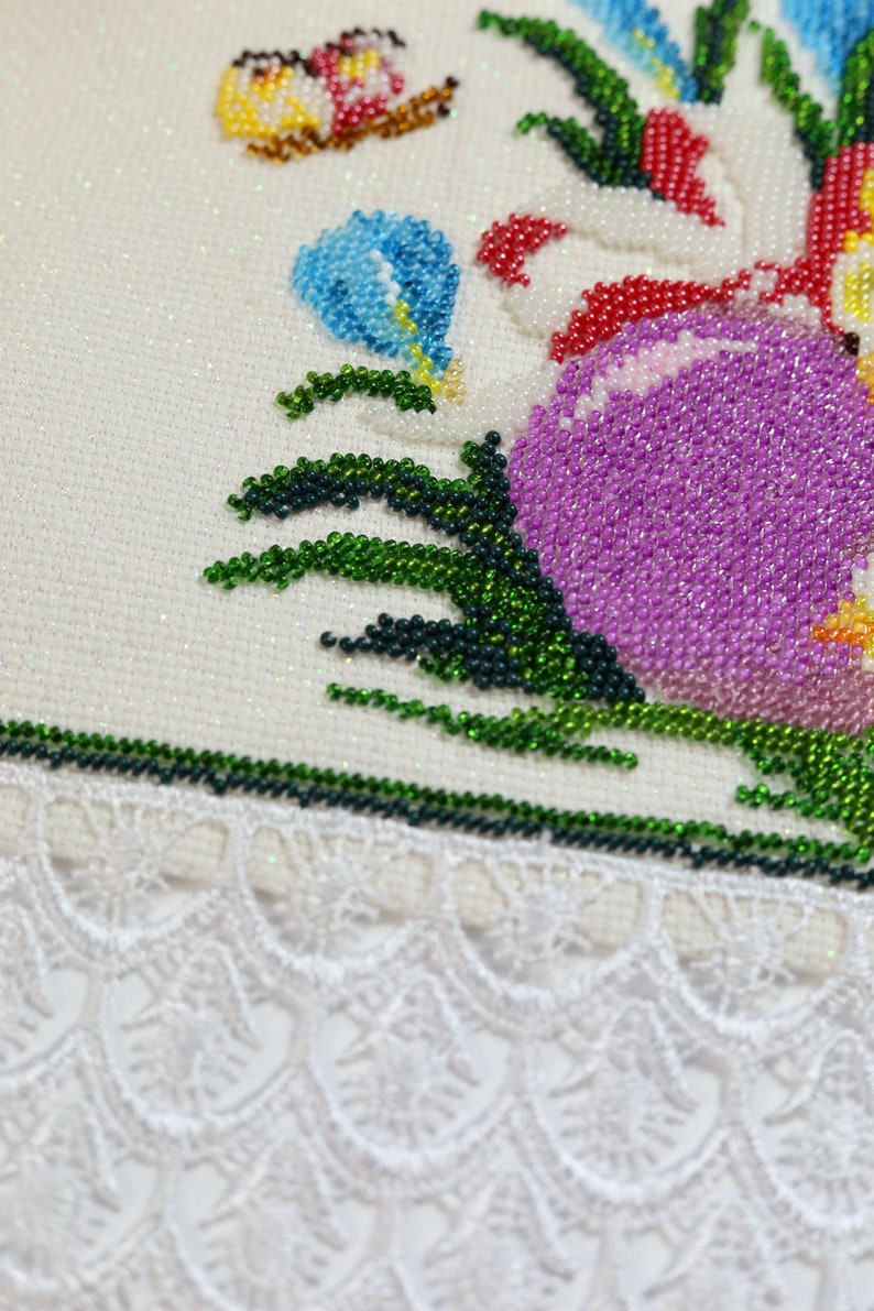 Hand Beaded Spring Basket Cover with Floral and Chick Design, Decorative Linen-Style Basket Liner
