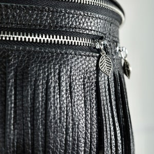 Black Leather Fringe Crossbody Bag with Adjustable Strap, Handmade Boho Waist Bag, Zippered Sling Purse with Leaf Charms