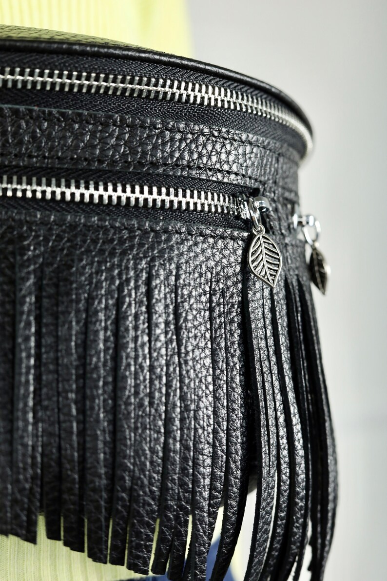 Black Leather Fringe Crossbody Bag with Adjustable Strap, Handmade Boho Waist Bag, Zippered Sling Purse with Leaf Charms