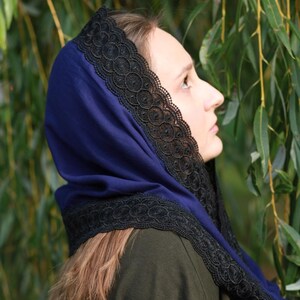 Lace shawl wrap navy blue head scarf for women with black floral lace trim – Mantilla church veil for prayer and spiritual events