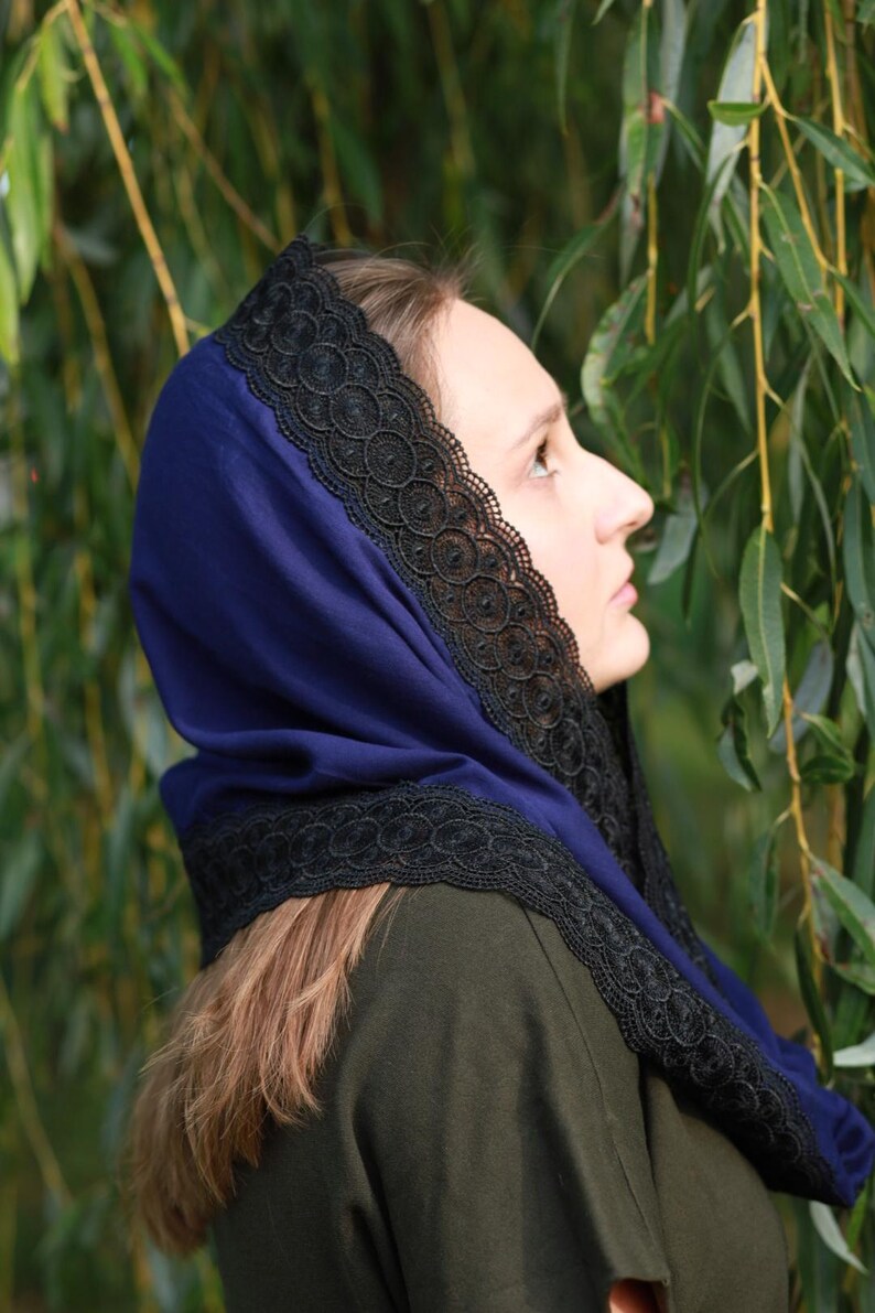 Lace shawl wrap navy blue head scarf for women with black floral lace trim – Mantilla church veil for prayer and spiritual events
