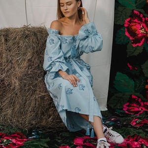 Light blue embroidered linen dress