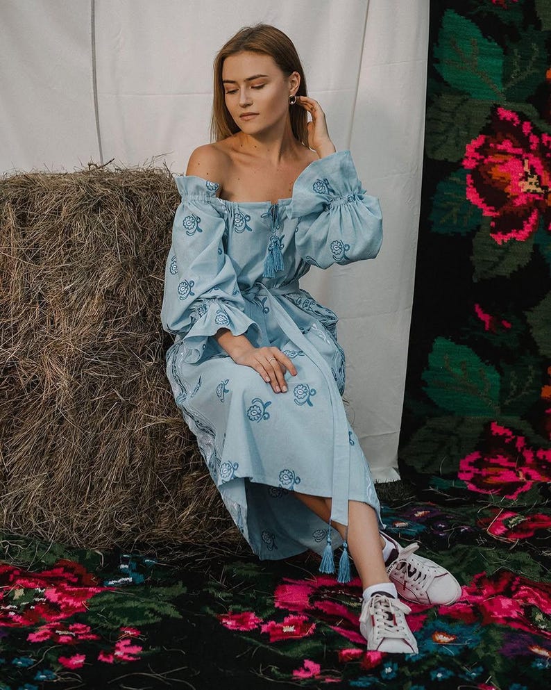 Light blue embroidered linen dress