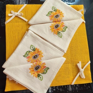 Sunflower Embroidered Linen Napkins Set with Bread Basket