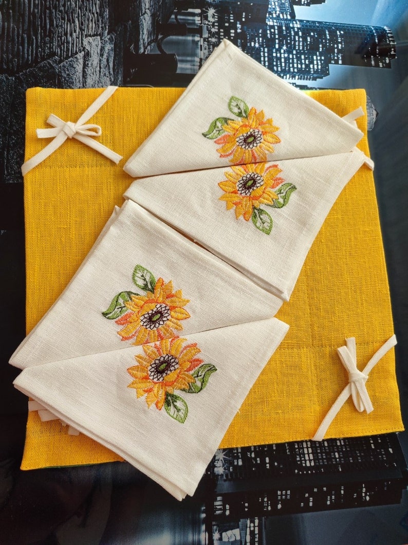 Sunflower Embroidered Linen Napkins Set with Bread Basket
