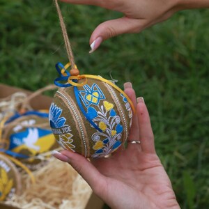 Ukrainian embroidered ornament set of 3, Blue yellow fabric ball baubles with jute hanger, Rustic gift box, Patriotic holiday decor