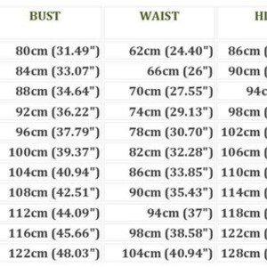 May include: A detailed size chart with measurements in centimeters and inches. The chart includes international sizes, US sizes, bust, waist, hip, and back width measurements. Sizes range from XS to 4XL, with corresponding measurements in inches and centimeters.