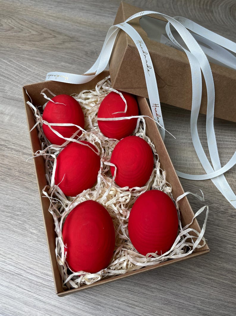Red wooden Easter egg decor in matte, Pysanky style accent for baskets & tables, Custom color from the shown palettes, personalized, custom image 6