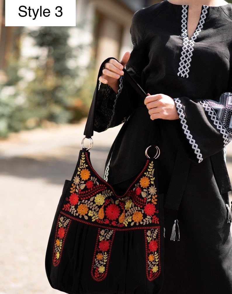 Black linen embroidered bag