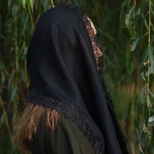 Black lace trim chapel veil scarf mantilla, Modest head covering for church, Orthodox catholic mass, Lightweight linen look prayer shawl
