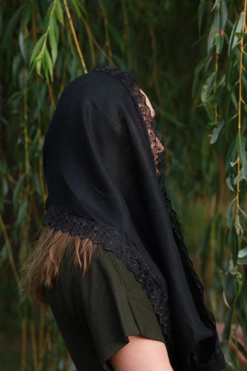 Black lace trim chapel veil scarf mantilla, Modest head covering for church, Orthodox catholic mass, Lightweight linen look prayer shawl