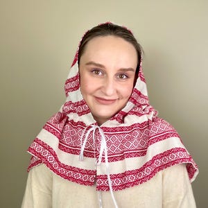 Red woven folk head scarf with geometric pattern, Traditional cotton scarf for women