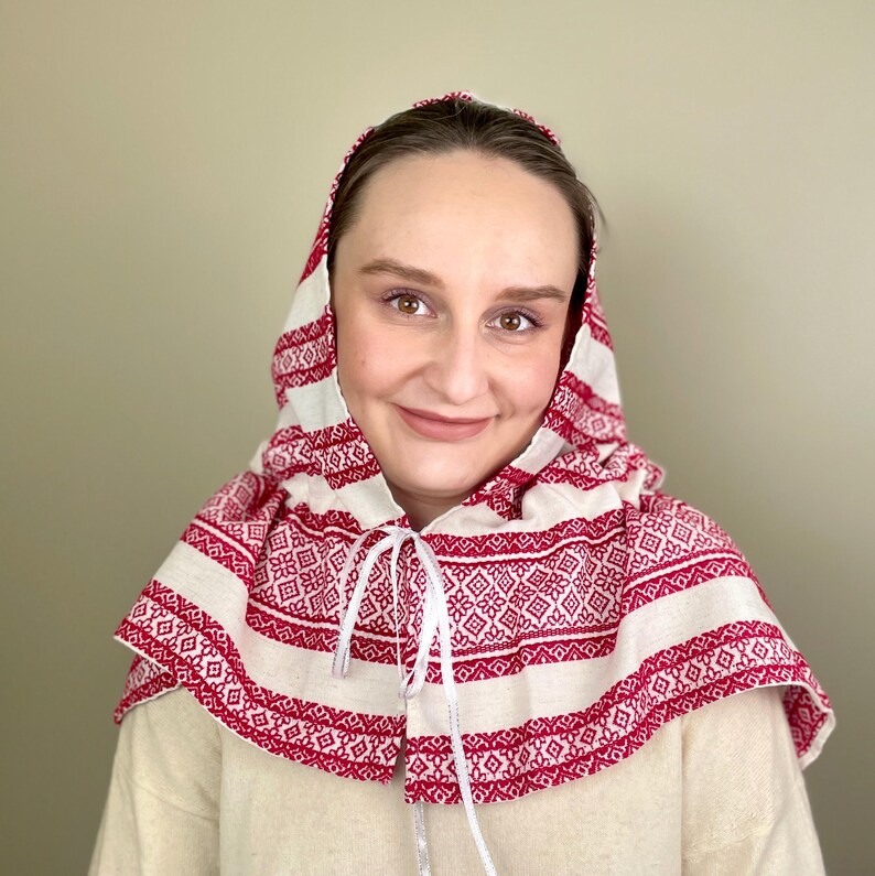 Red woven folk head scarf with geometric pattern, Traditional cotton scarf for women