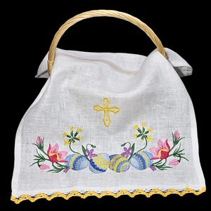 Embroidered Easter basket cover linen towel with cross and floral motifs, Lace edge Pascha cloth, Spring table decor handmade gift
