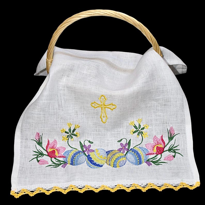 Embroidered Easter basket cover linen towel with cross and floral motifs, Lace edge Pascha cloth, Spring table decor handmade gift