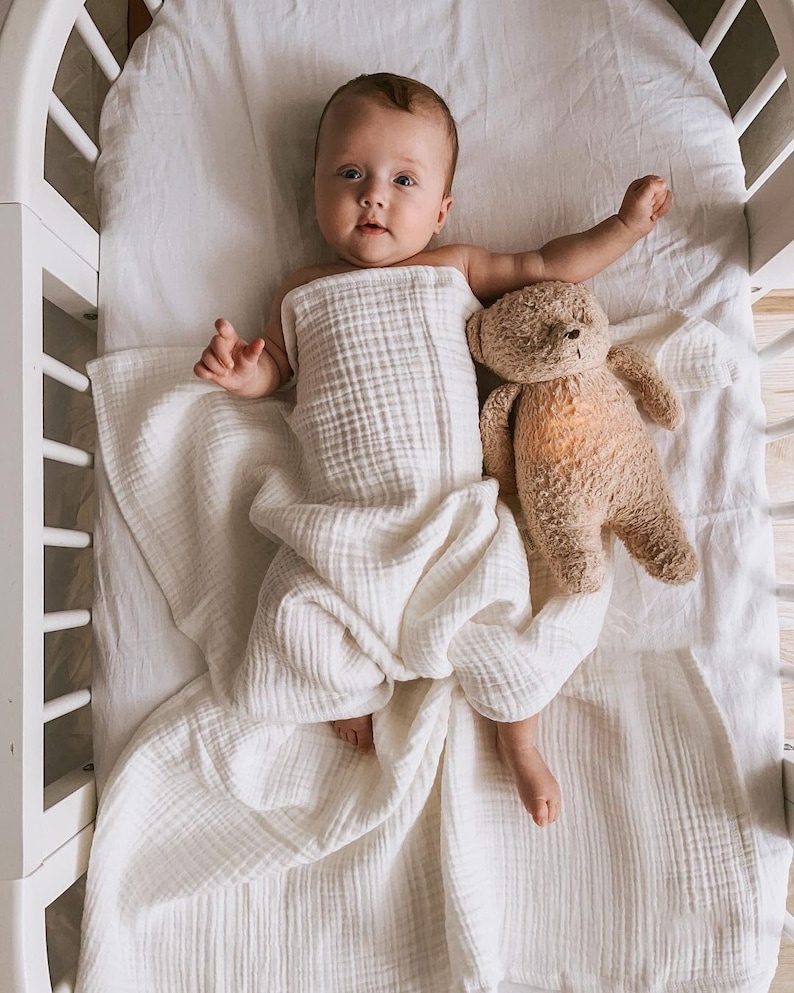 Soft Muslin Baby Blanket for Crib, Bassinet or Stroller, Breathable Lightweight Cotton Swaddle Throw, Neutral White Newborn Shower Gift