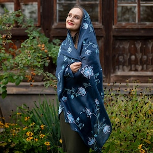 Floral embroidered linen scarf shawl wrap