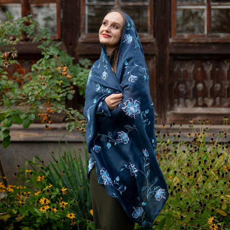 Floral embroidered linen scarf shawl wrap
