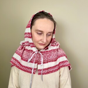 Red woven folk head scarf with geometric pattern, Traditional cotton scarf for women