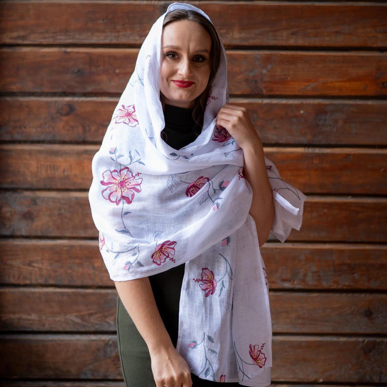 White linen scarf with pink floral embroidery