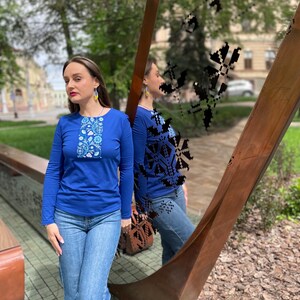 Blue long sleeve shirt with Ukrainian folk embroidery print, Floral slavic design top, Comfortable casual blouse with traditional motifs