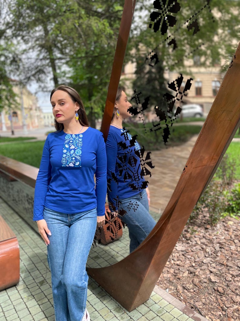 Blue long sleeve shirt with Ukrainian folk embroidery print, Floral slavic design top, Comfortable casual blouse with traditional motifs