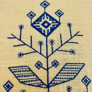 Pode incluir: Close-up de um tecido bege com um design bordado azul detalhado. O bordado apresenta formas geom&eacute;tricas e um padr&atilde;o estilizado em forma de &aacute;rvore. O design &eacute; centrado e sim&eacute;trico, com uma apar&ecirc;ncia texturizada.