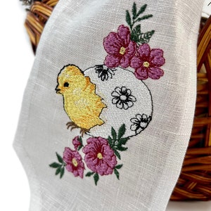 Easter basket linen bow with embroidered bunny