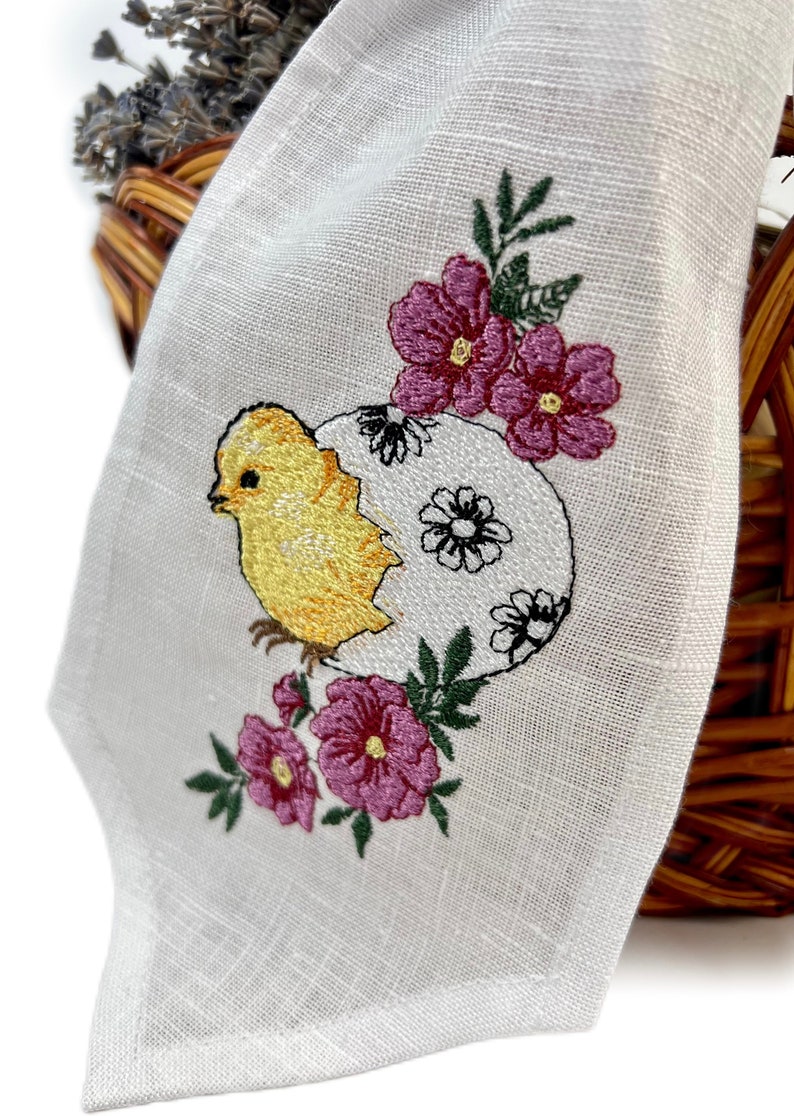 Easter basket linen bow with embroidered bunny