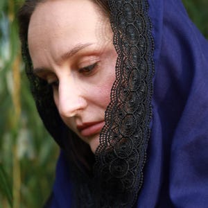 Lace shawl wrap navy blue head scarf for women with black floral lace trim – Mantilla church veil for prayer and spiritual events