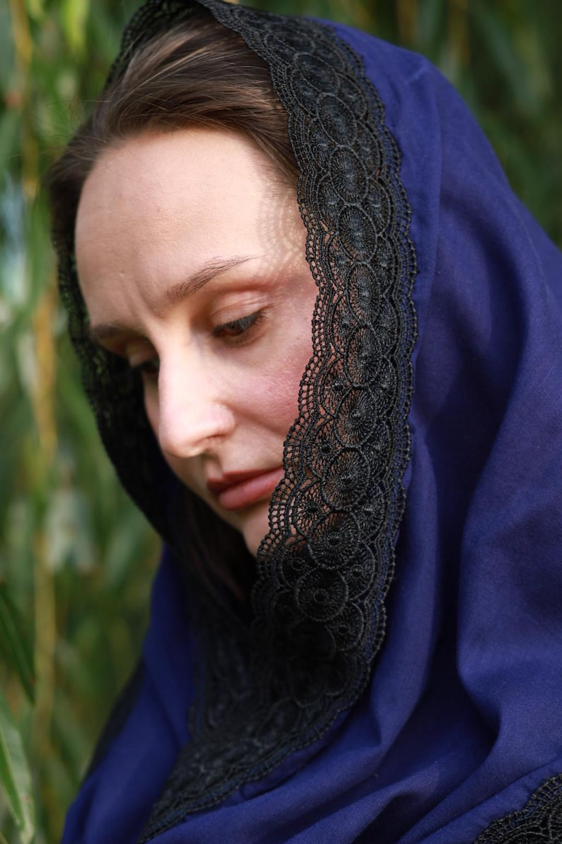 Lace shawl wrap navy blue head scarf for women with black floral lace trim – Mantilla church veil for prayer and spiritual events