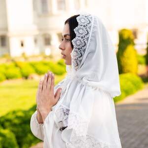 White hooded chapel veil with scalloped lace trim, Catholic prayer hood for mass and worship, Modest church head covering for women