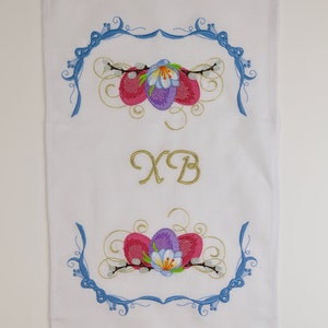 Orthodox Easter Basket Cover Towel with XB Embroidery, Lace Trim, Floral Eggs and Pussy Willow, Slavic Rushnyk for Blessing & Decor
