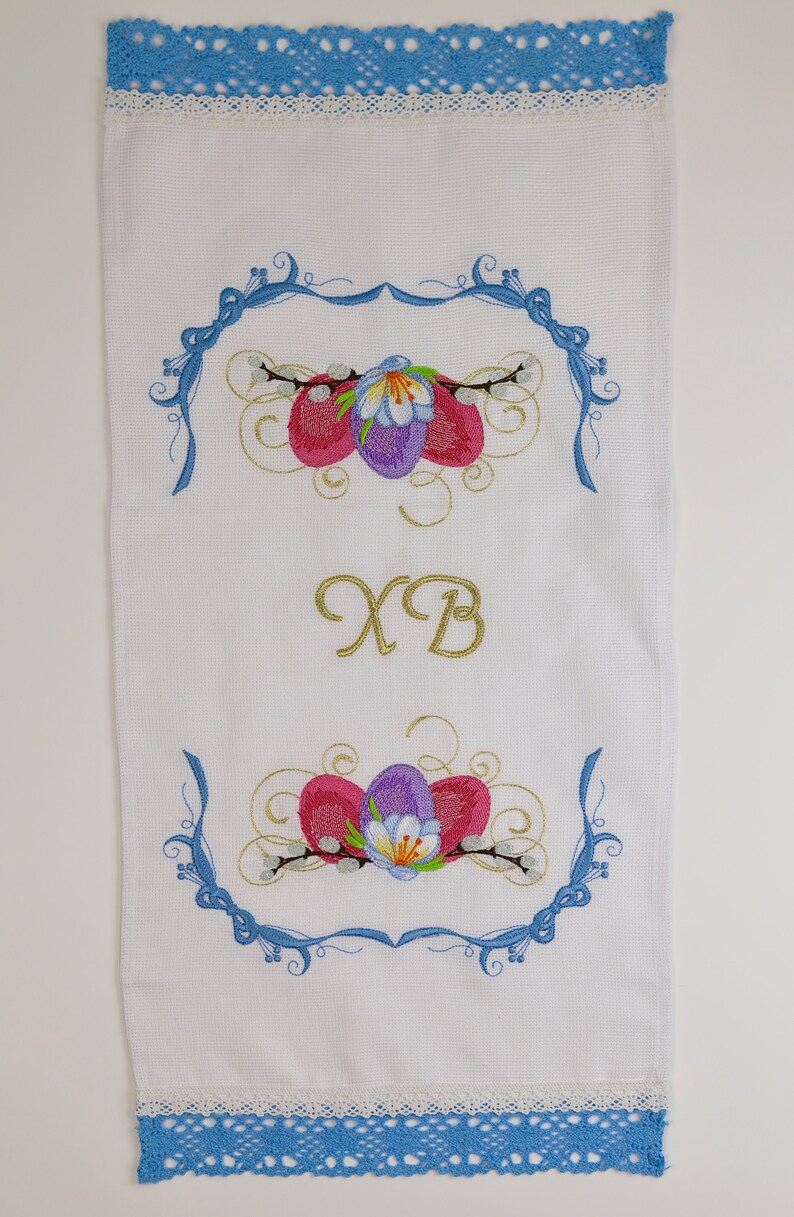 Orthodox Easter Basket Cover Towel with XB Embroidery, Lace Trim, Floral Eggs and Pussy Willow, Slavic Rushnyk for Blessing & Decor
