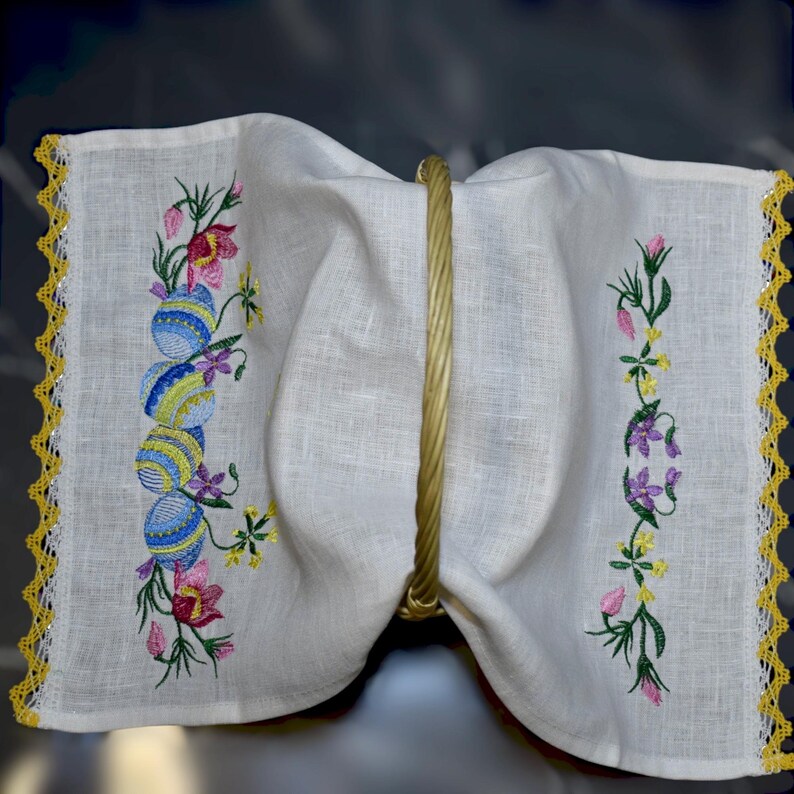 Embroidered Easter basket cover linen towel with cross and floral motifs, Lace edge Pascha cloth, Spring table decor handmade gift