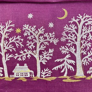 Magenta Linen Table Runner with Winter Cottage Moon Embroidery, Christmas Table Center Topper, Handmade Holiday Dining Decor Gift Accent