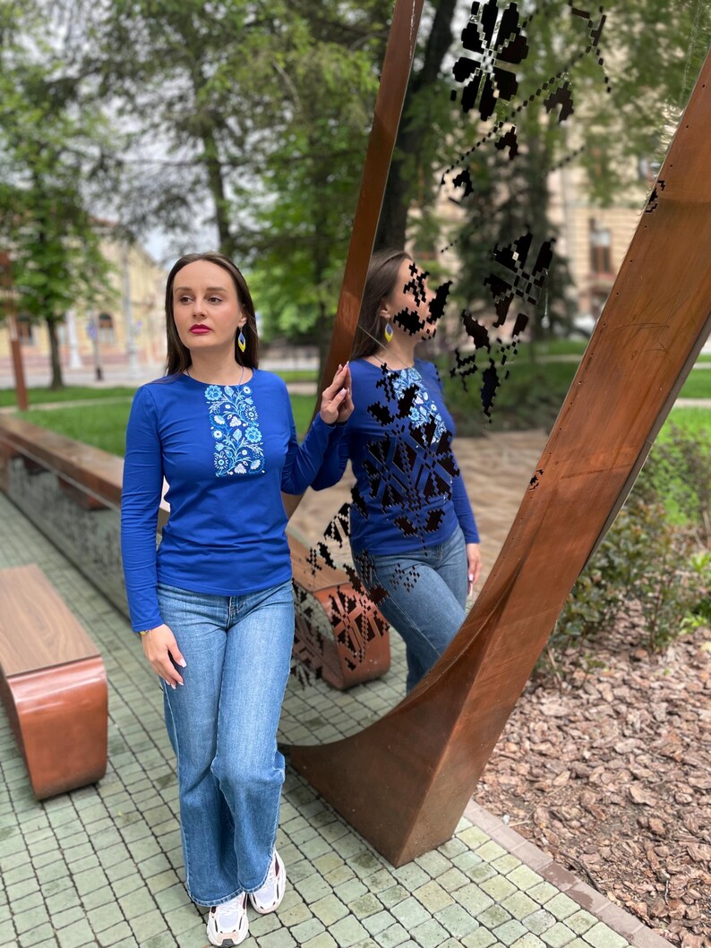 Blue long sleeve shirt with Ukrainian folk embroidery print, Floral slavic design top, Comfortable casual blouse with traditional motifs