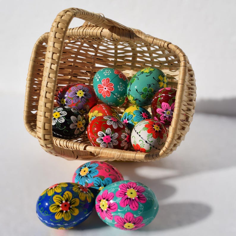 Colorful Hand Painted Egg Decor Set, Folk Art Floral Eggs, Bright Spring Table and Basket Accent