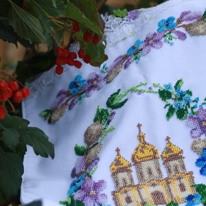 Finished Beaded Easter Towel with Church, Ukrainian Religious Embroidery, Handmade Bead Embroidery Cloth, Christian Easter Decor