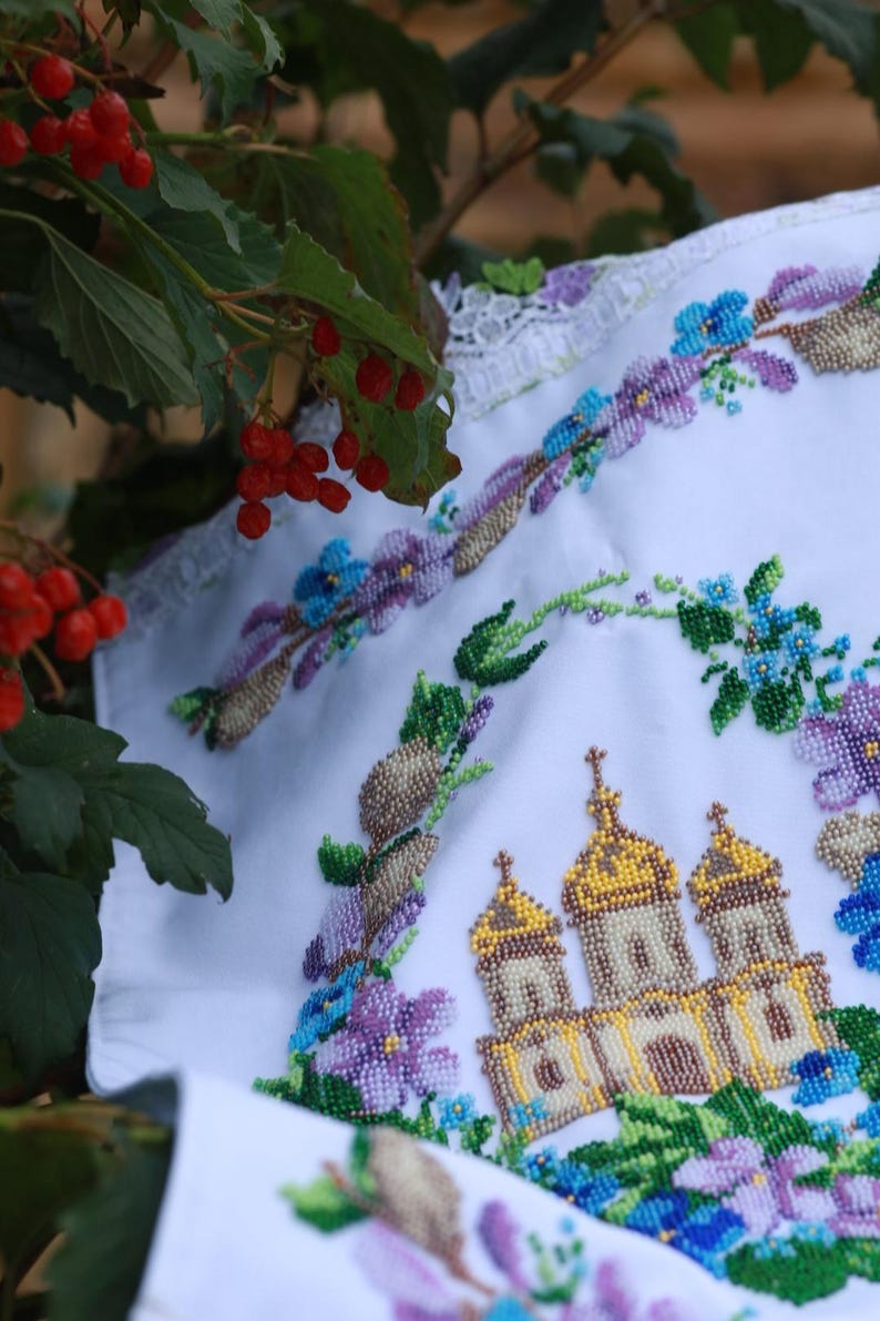 Finished Beaded Easter Towel with Church, Ukrainian Religious Embroidery, Handmade Bead Embroidery Cloth, Christian Easter Decor