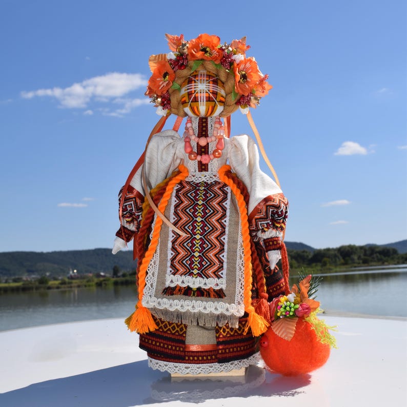 Handmade ukrainian motanka doll in traditional costume, Slavic folk rag art with floral wreath, Harvest pumpkin accessory, Home decor gift