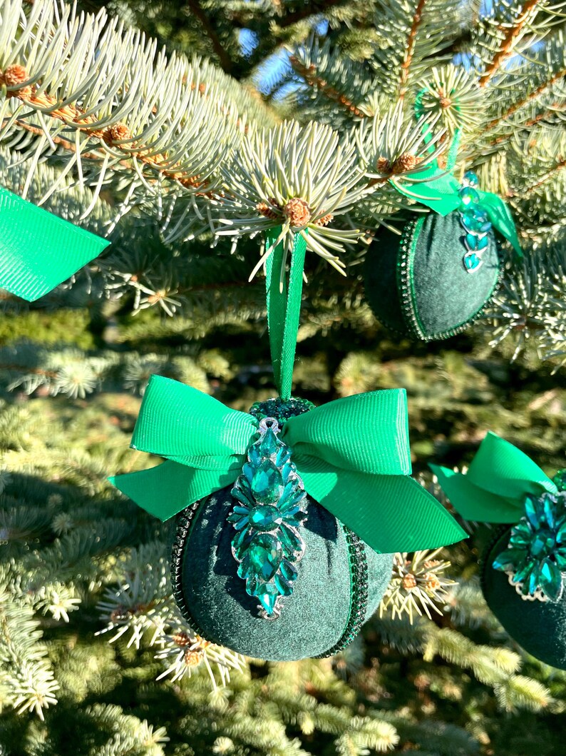 Set of green handmade Christmas tree decorations