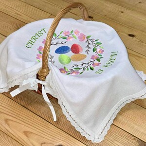 Embroidered Easter Basket Cover and Egg Set, Floral Wreath Pascha Linen, Slavic Holiday Decor afbeelding 11
