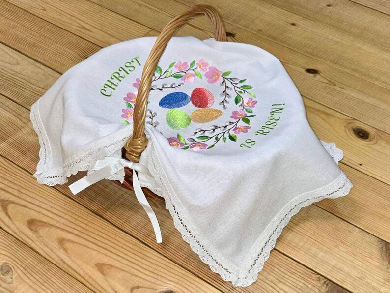 Embroidered Easter Basket Cover and Egg Set, Floral Wreath Pascha Linen, Slavic Holiday Decor afbeelding 11